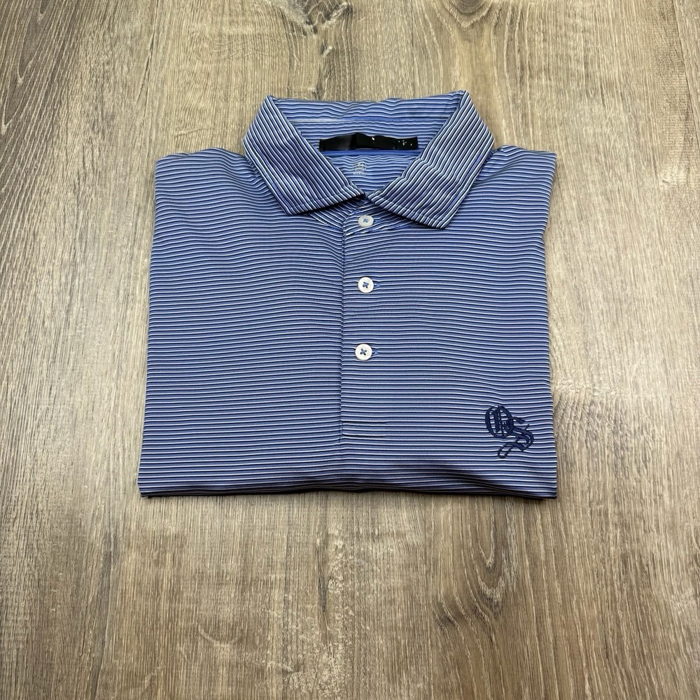 RLX Ralph Lauren Blue Striped Wicking Old Sandwich Golf Club Polo Shirt Mens XL